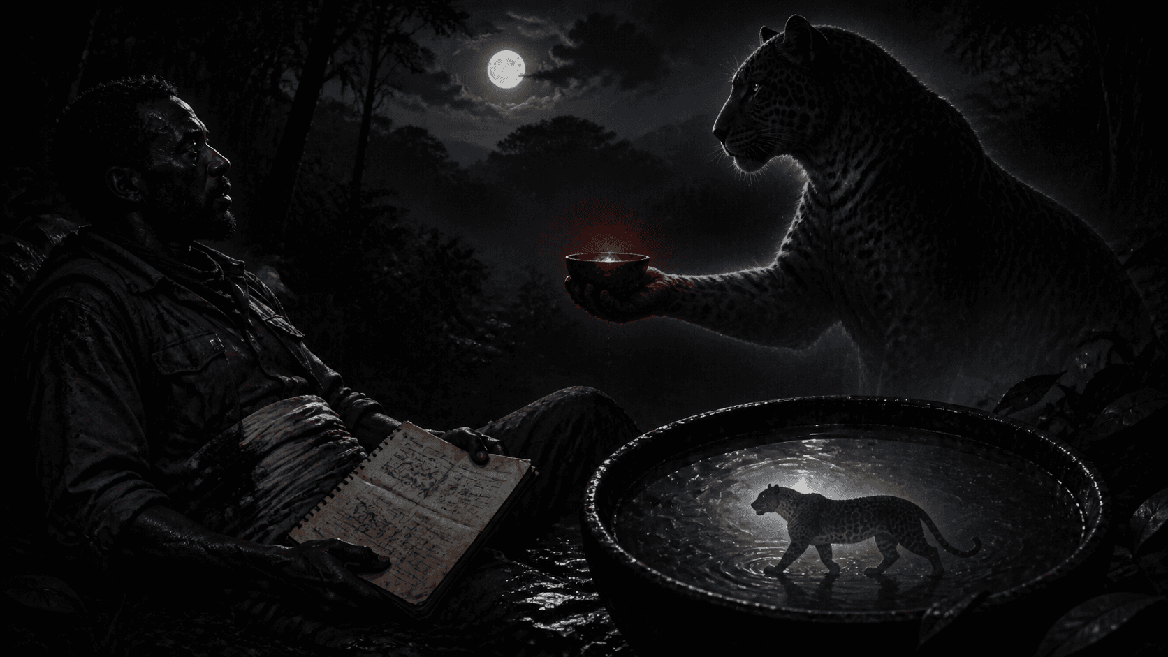 Original Haemlet illustration for amotekun: A dying zoologist receives a cure from an immortal leopard spirit and inherits the burden hidden inside it.