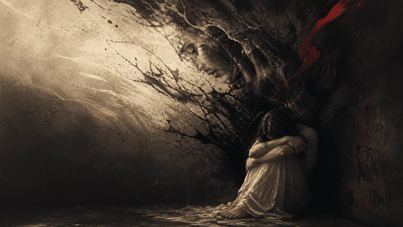 Original Haemlet illustration for atonement: I am huddled at the corner scared stiff, weeping and wondering when and how I got myself into this hell. I no longer have control over my actions and mind and it has punished...