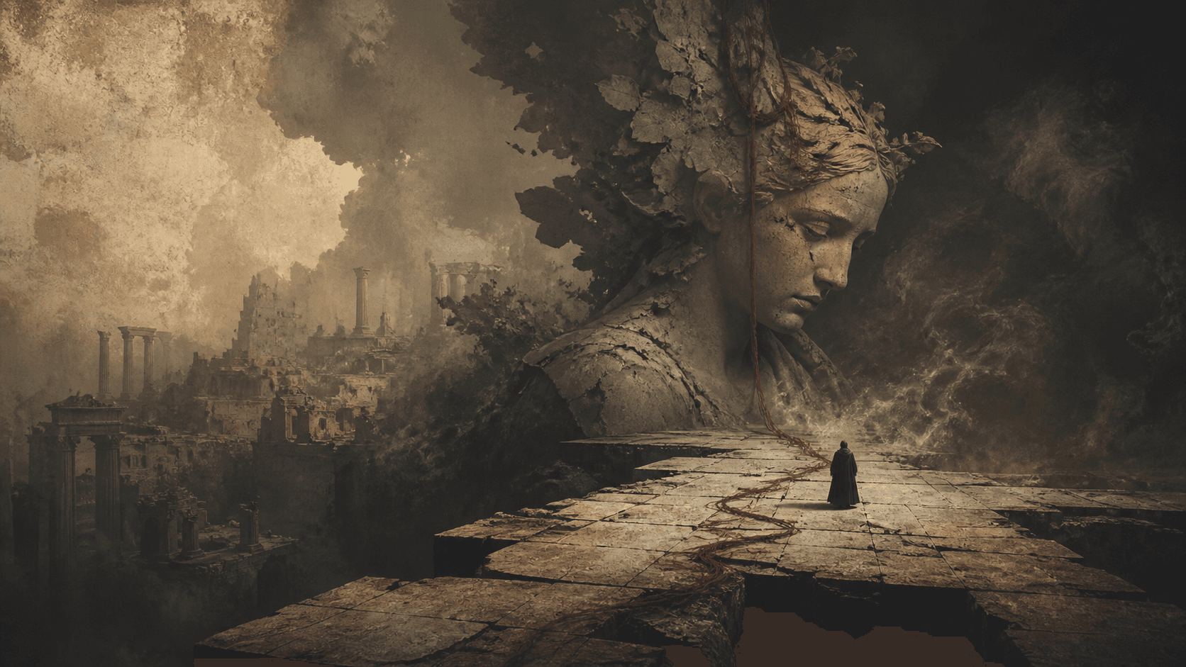 Original Haemlet illustration for ballad of sorrow: As the creator weaves patterns in our existence, epochs come and pass, sometimes leaving bitter memories that become legends, then washes away into myth, which are forgotten...