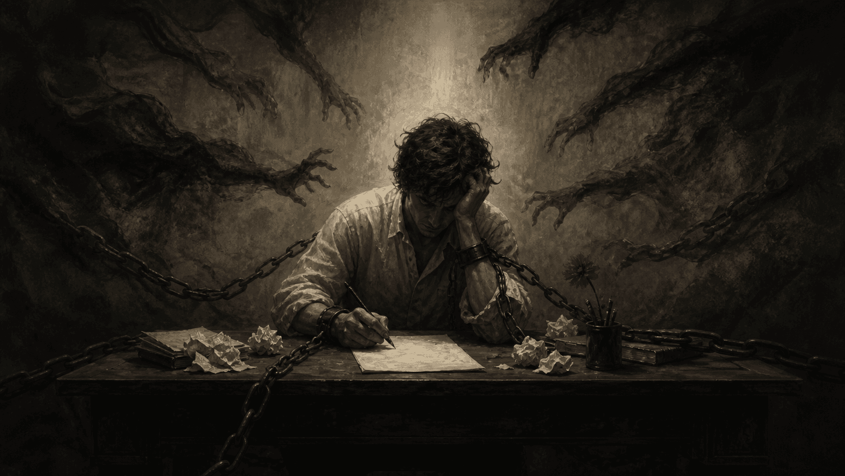 Original Haemlet illustration for bondage: I am a writer and I have a deadline to finish a book in three weeks that I am not sure I can meet up with because I have what we call in our circle, a writer’s block. It's a...