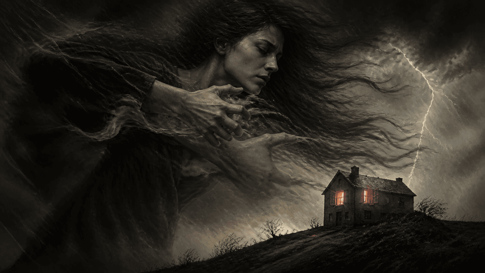 Original Haemlet illustration for choke hold: As lightening struck with blind fury, the rain continued beating persistently on the roof while the wind howled like a grieving mother. The windows are slamming against their...