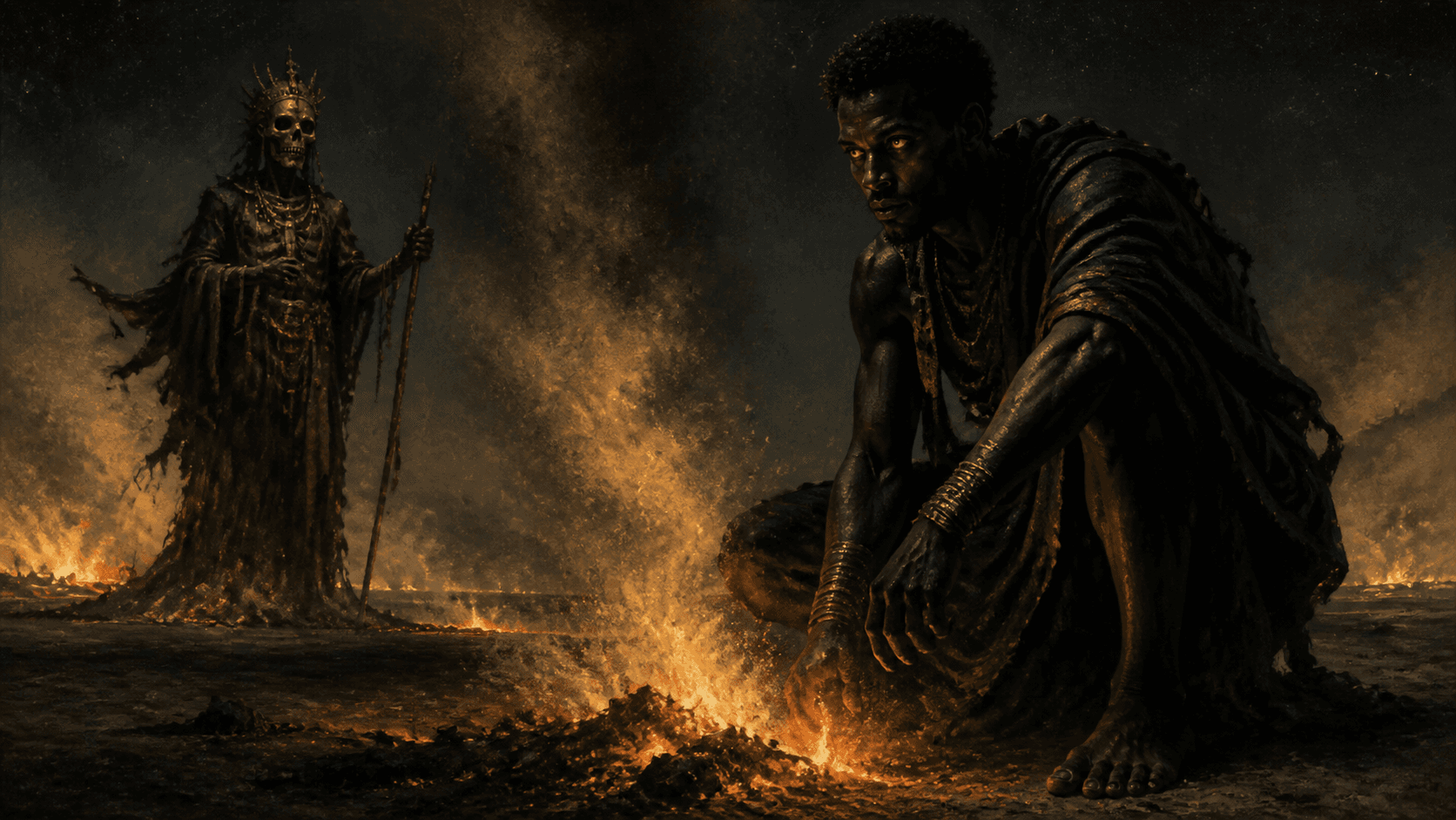 Original Haemlet illustration for danse macabre: His eyes shone like the stars on the African night skies as the inferno which had been burning with so much intensity receded to a trickle. So dangerously close to the fire he...