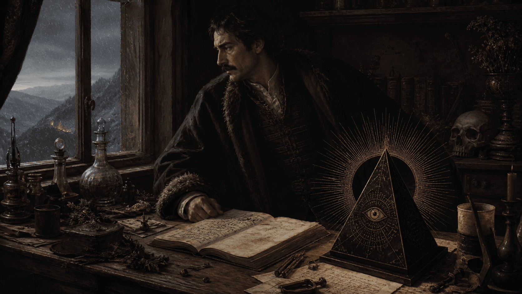 Original Haemlet illustration for forbidden mystics: THE BALKAN MOUNTAINS, BULGARIA: 1703 AD Bratislav Aćimović looked out the window to see that despite his servant Ivanović's early warning he still hadn’t gotten out on time....