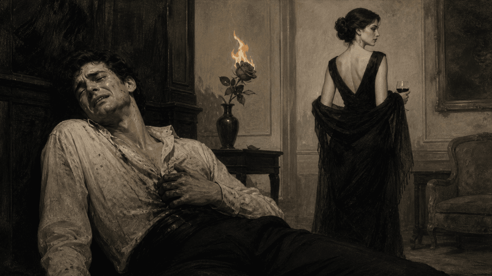 Original Haemlet illustration for hell hath no fury: As life seeped out of me through the mortal injuries inflicted on me by her I began to cry because it was obvious that she was going to have the last laugh, she looked back at...