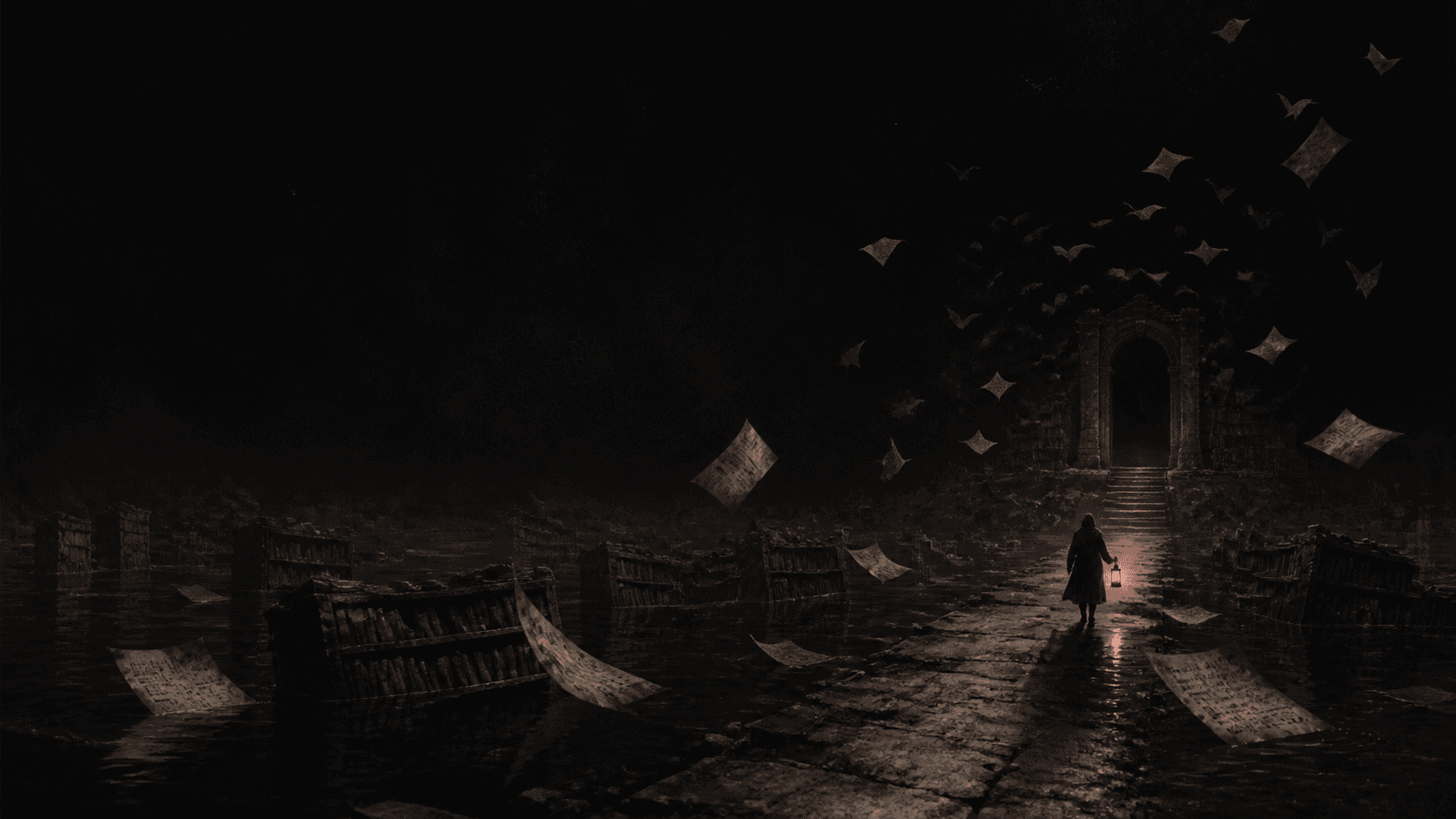 A lantern-bearing reader crossing a flooded archive towards a distant doorway.