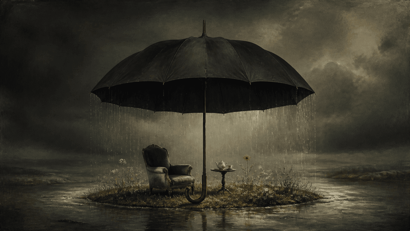 Original Haemlet illustration for hullabaloo: The umbrella said to me, I am singularly the most useful domestic item in this country, then it stressed its point by showing me what a good job he was doing protecting an...