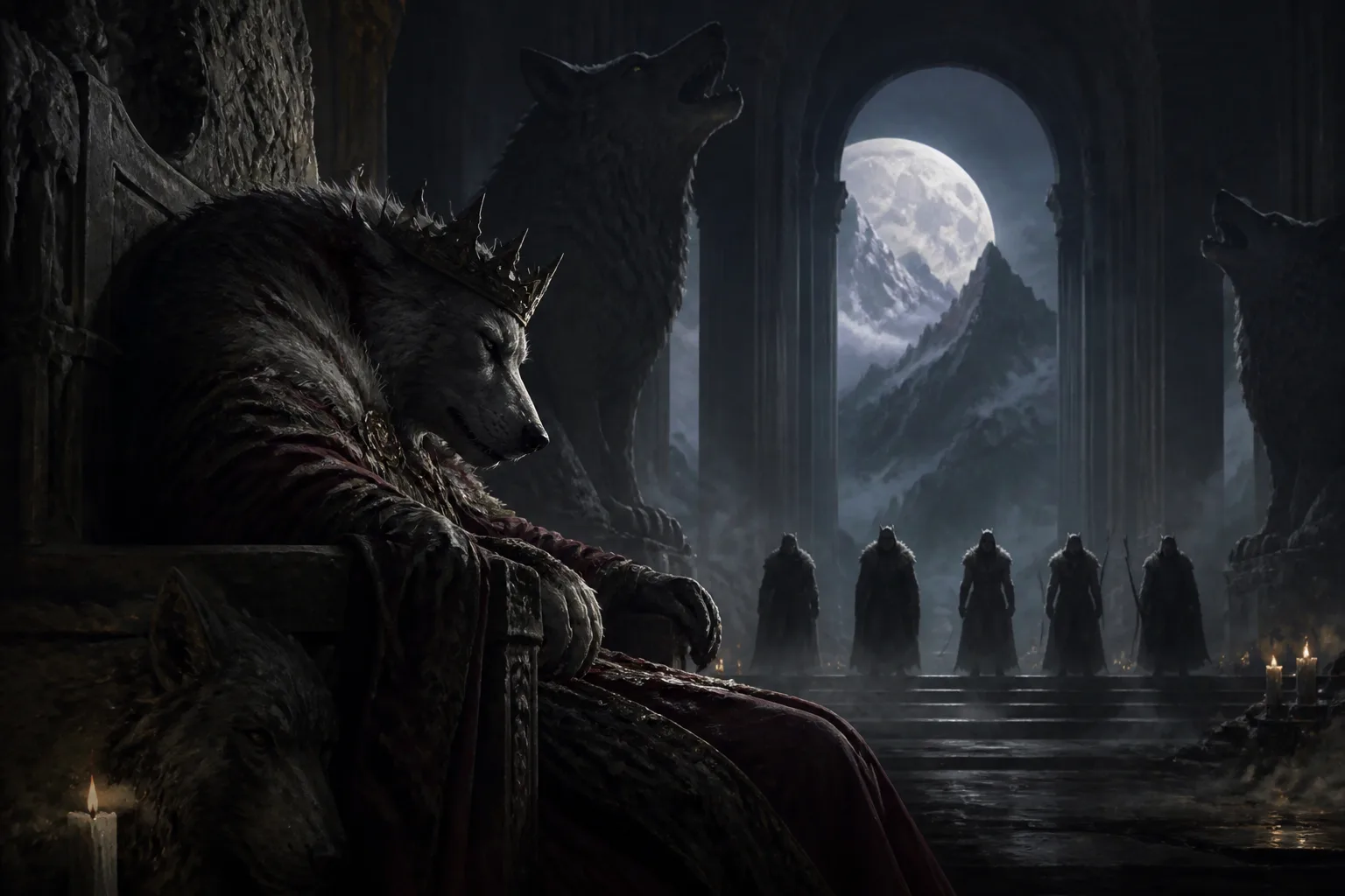 A dying wolf king in a mountain hall beneath a full moon as five contenders wait.