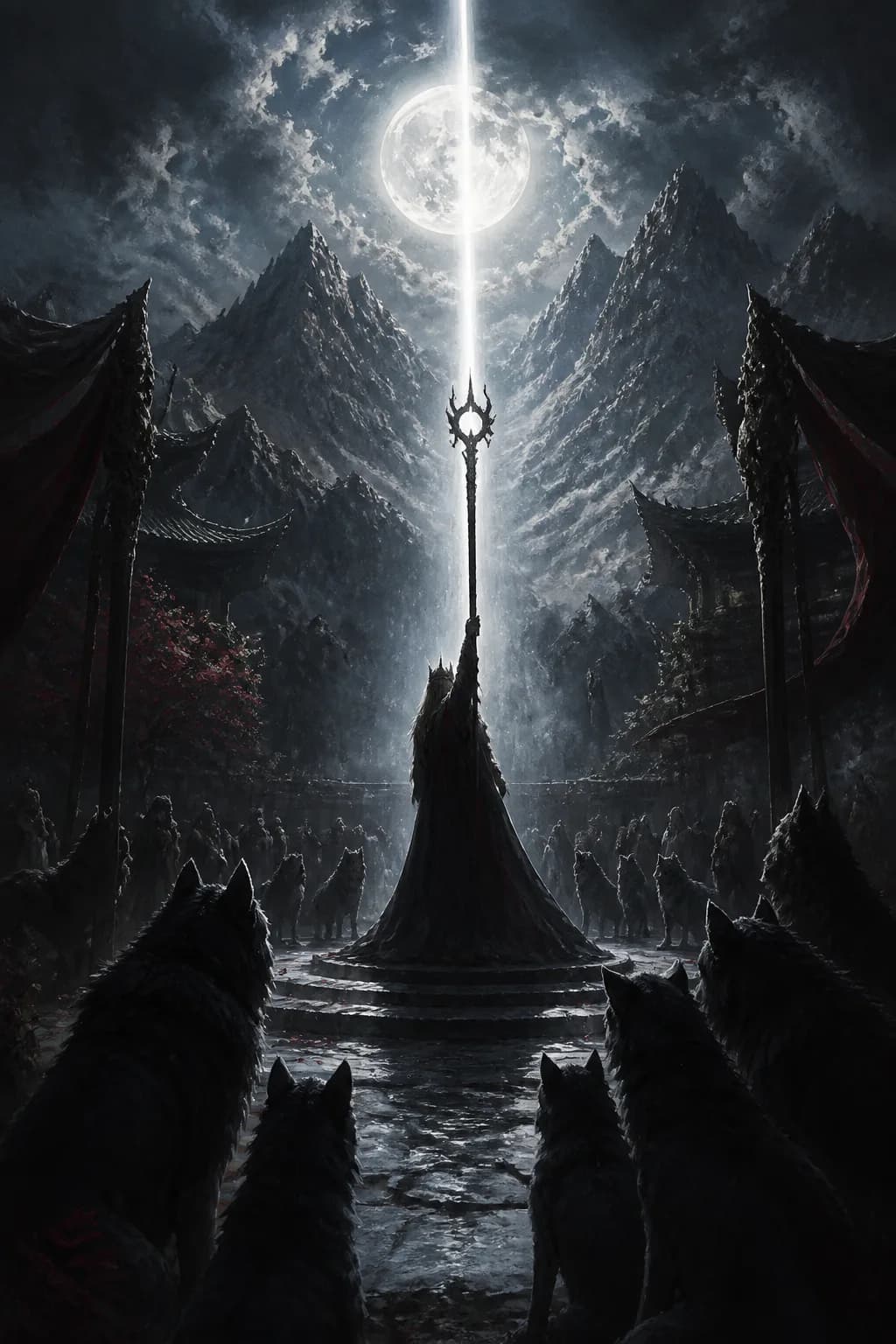A ceremonial staff splits moonlight in a mountain courtyard before a gathered pack.