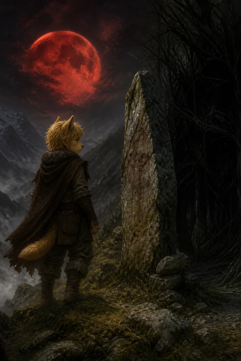 A young golden wolf at a standing stone beneath a crimson moon.