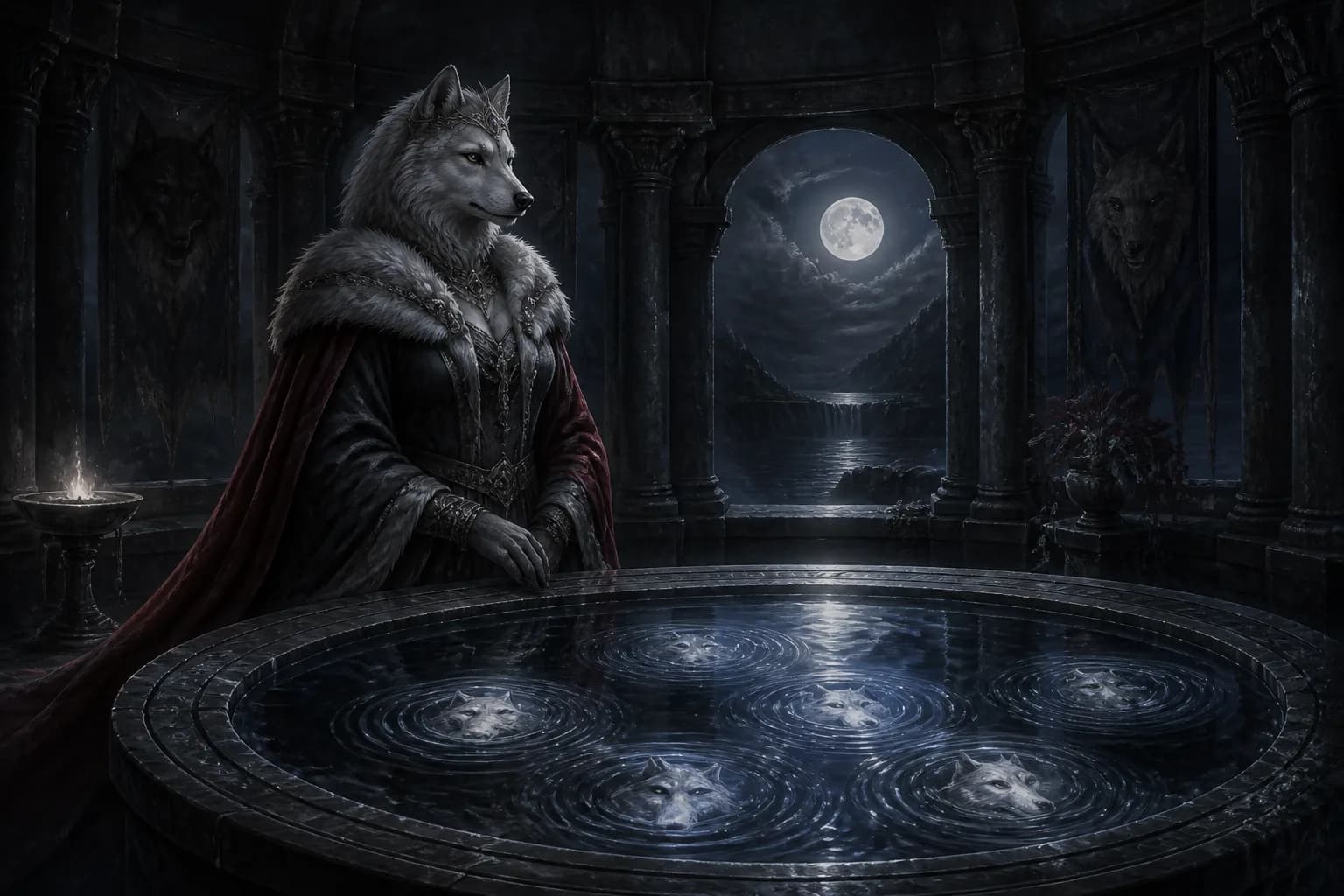 A wolf queen beside a reflective ritual basin in a moonlit stone chamber.