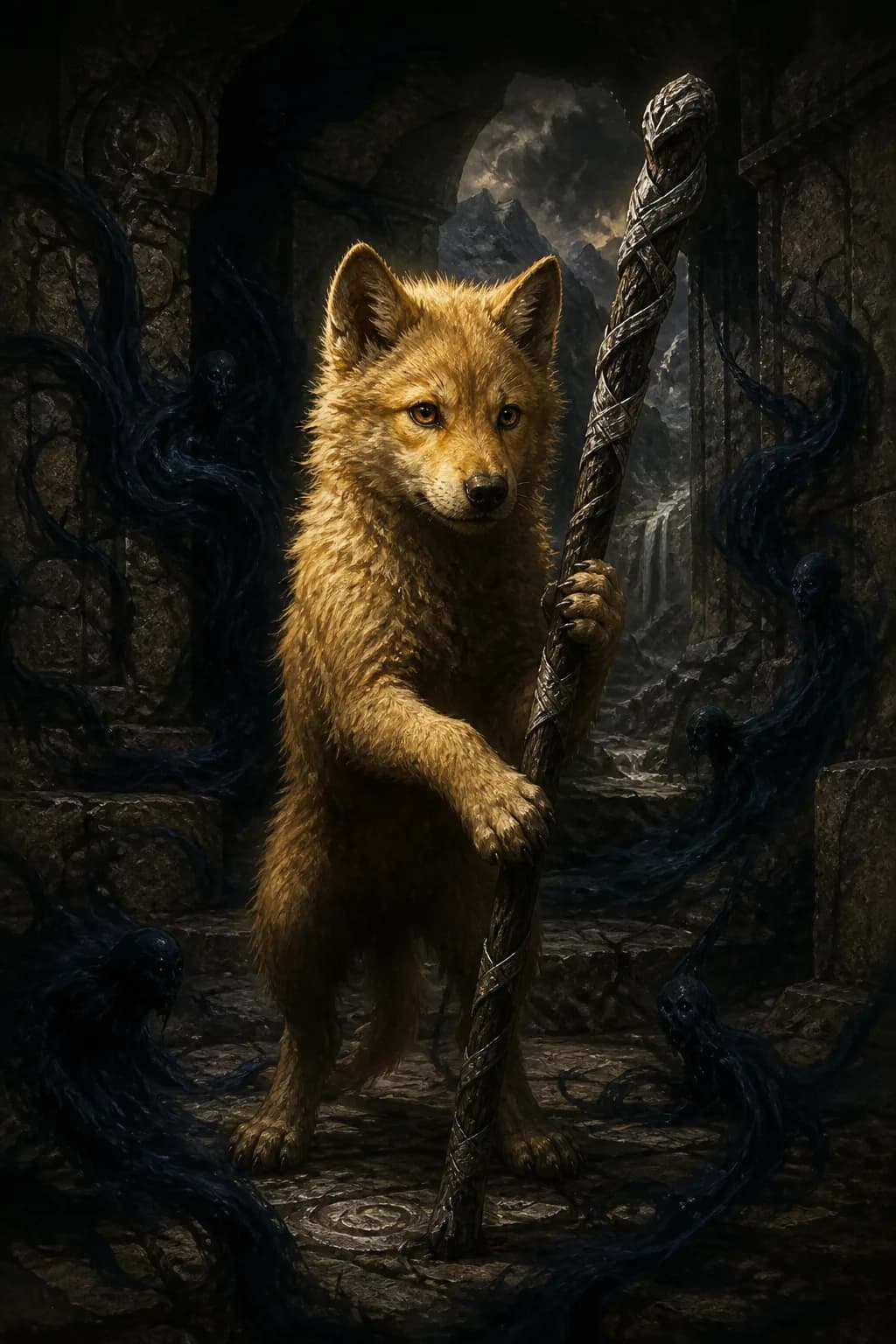A young golden wolf holds a silver-bound staff in an underground sanctuary.