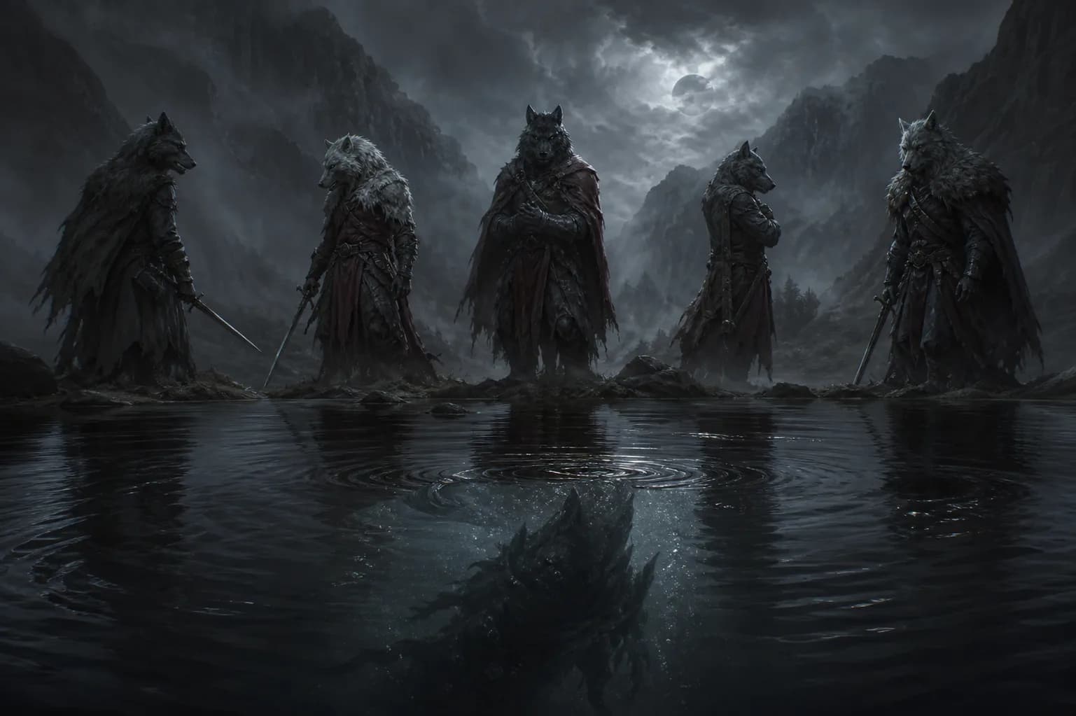 Five rival wolf warriors divided at the edge of a black pool.
