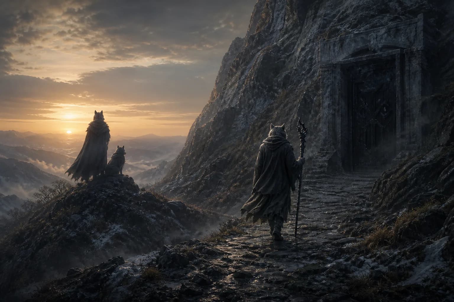 An older wolf carries a staff towards a sealed mountain doorway at dawn.