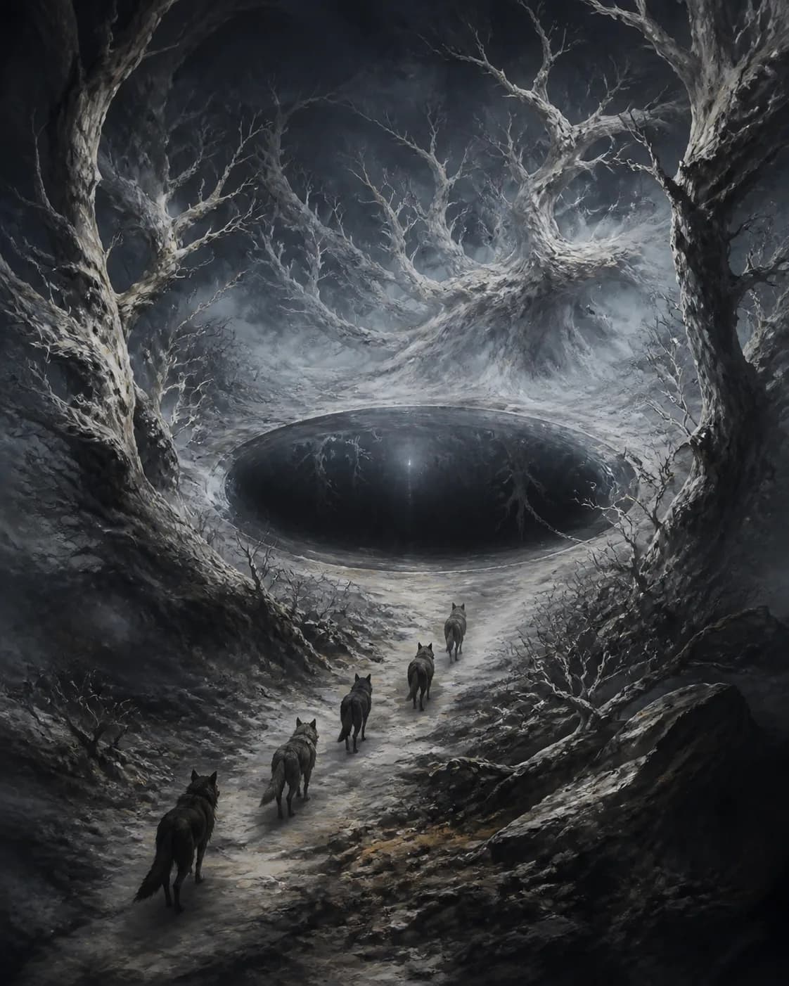 Five travellers cross a fog-bound forest towards black water.