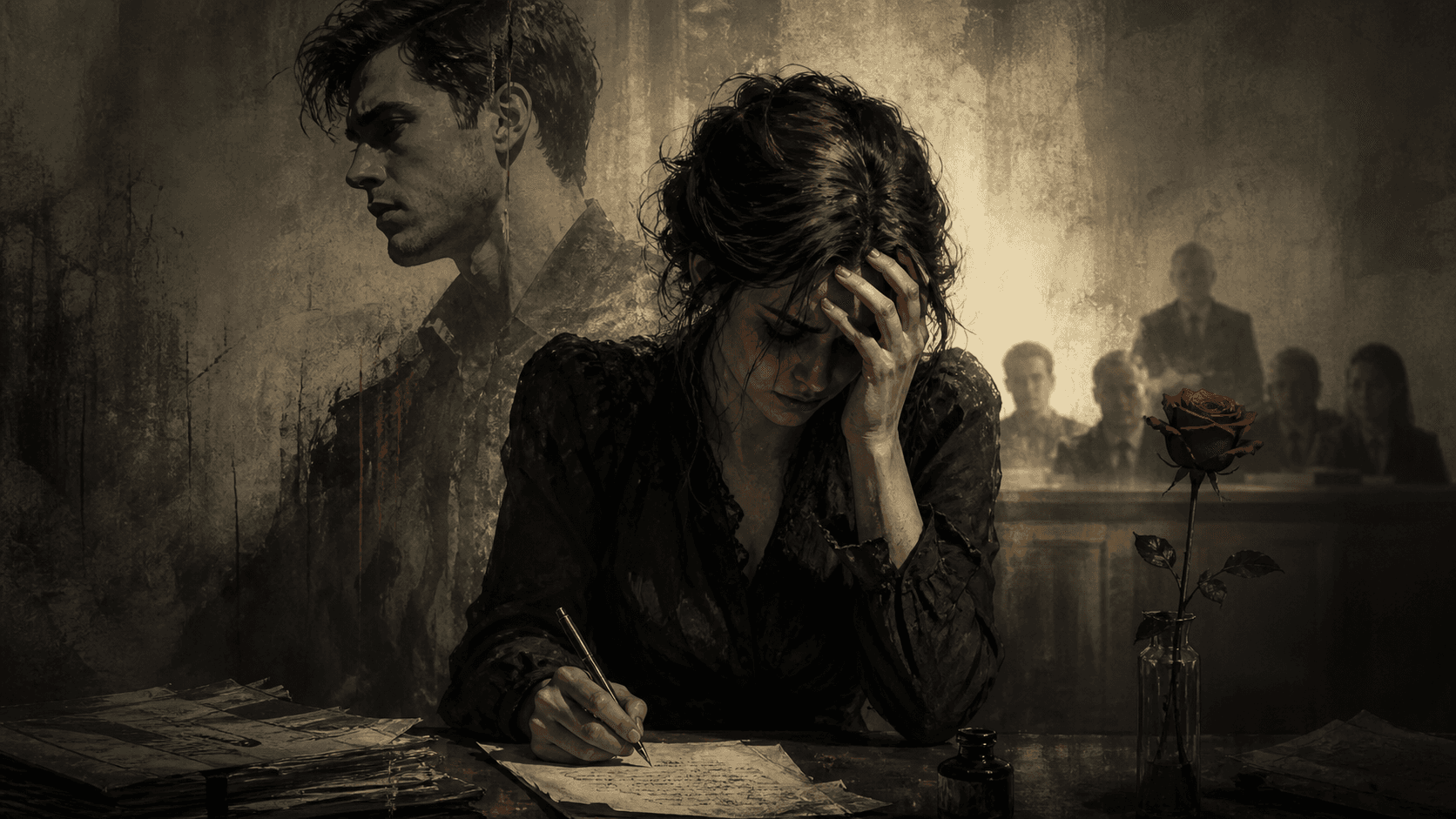 Original Haemlet illustration for love crime: As I put my pen to paper for the sake of posterity, I began to hyper-ventilate and my hand began to quiver as the never forgotten terror befell me and the rushing faintness and...