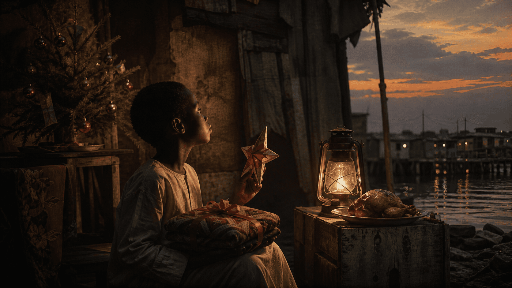 Original Haemlet illustration for noel: A child in Ijora-Badia welcomes a rare Christmas of new clothes, chicken and freedom while longing for sight.