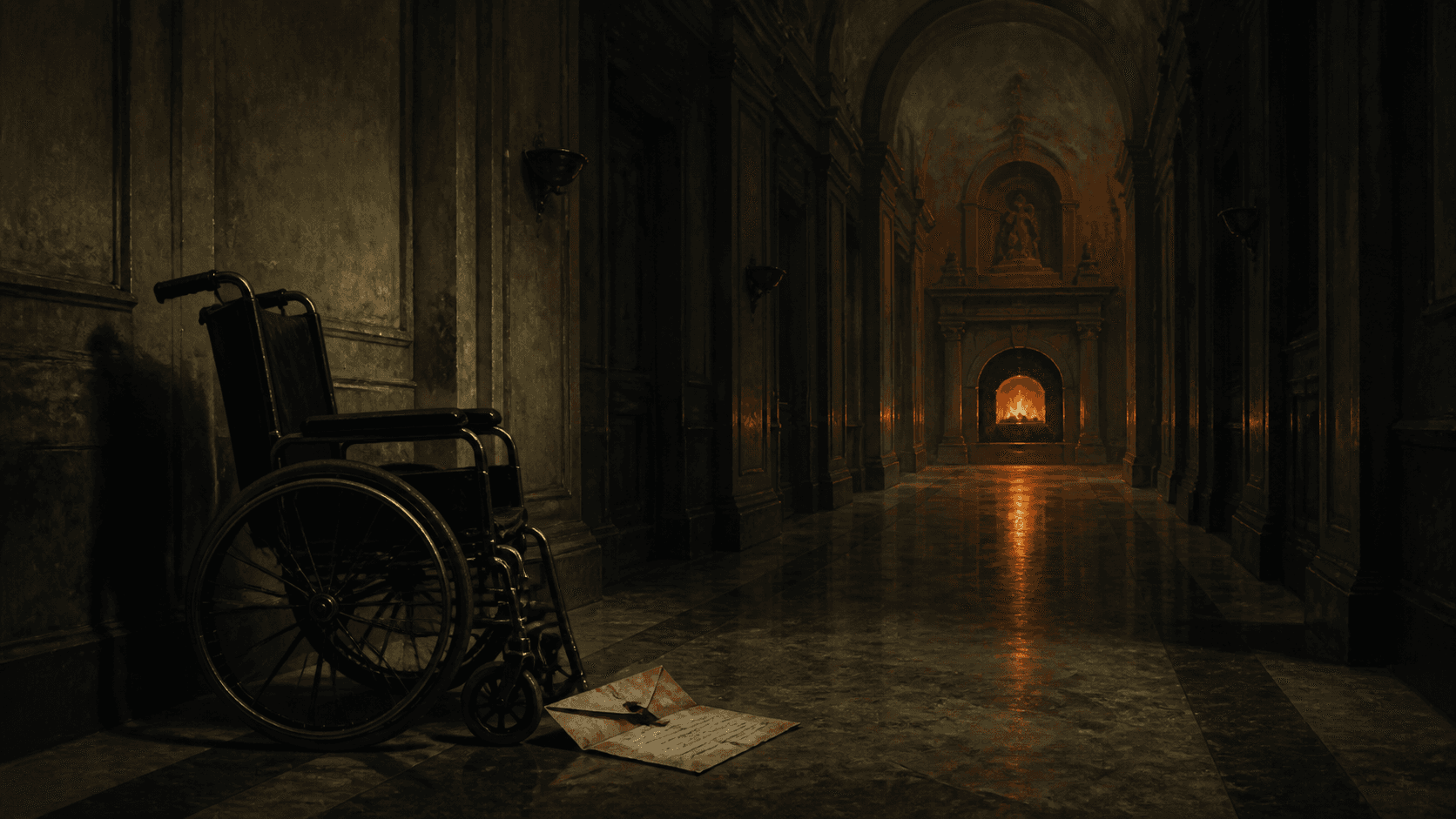 Original Haemlet illustration for purgatory: A paralysed man mistakes a crematorium for the afterlife while his final request carries him towards the fire.