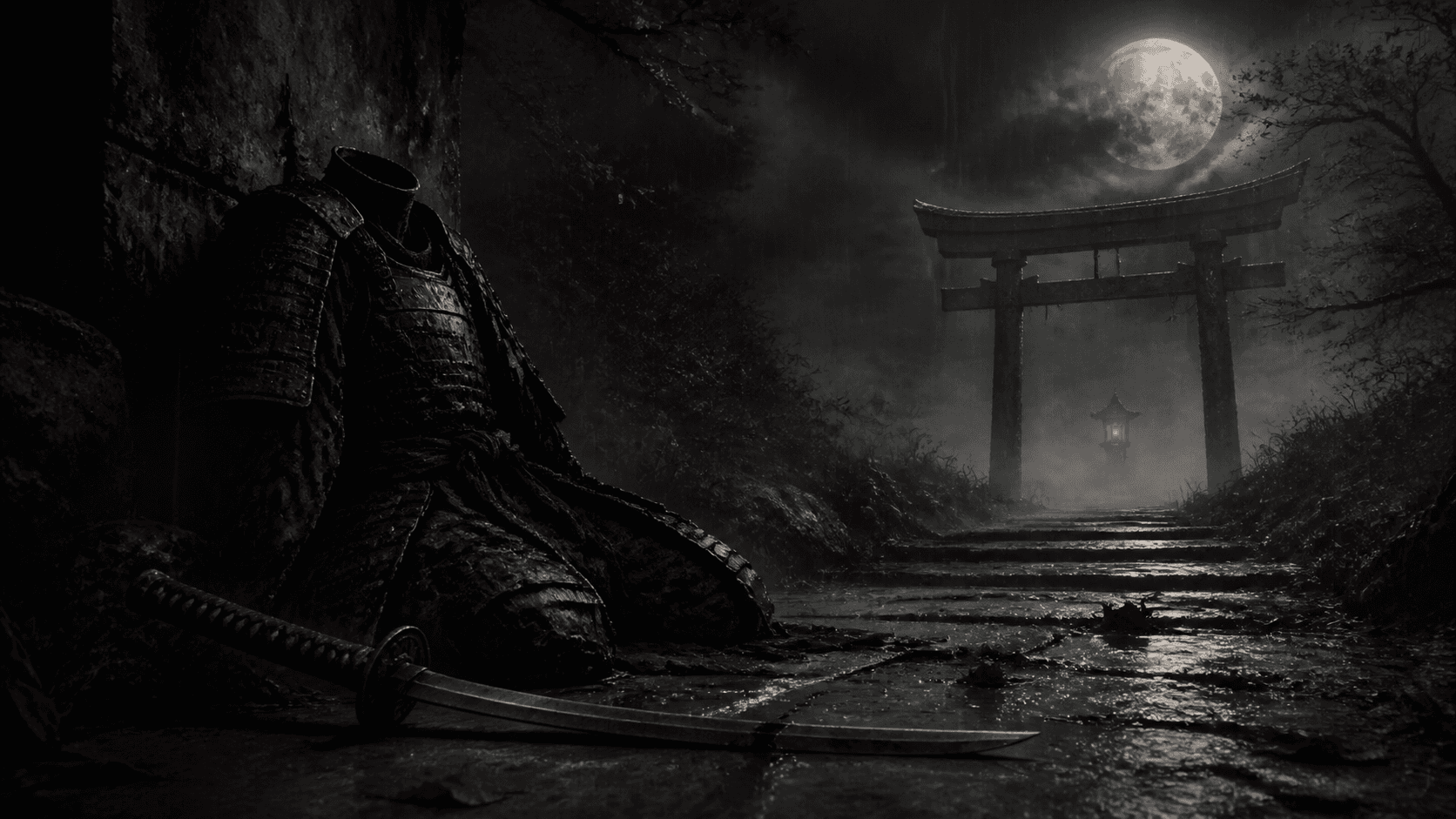 Original Haemlet illustration for rounin: A samurai follows vengeance beyond death, only to discover that the path of his heart has become his prison.