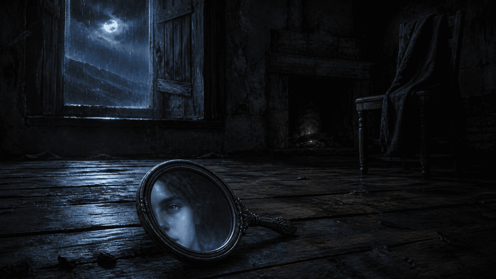 Original Haemlet illustration for scheol: A mirror offers a lost young man the face he cannot surrender, and a doorway into darkness.
