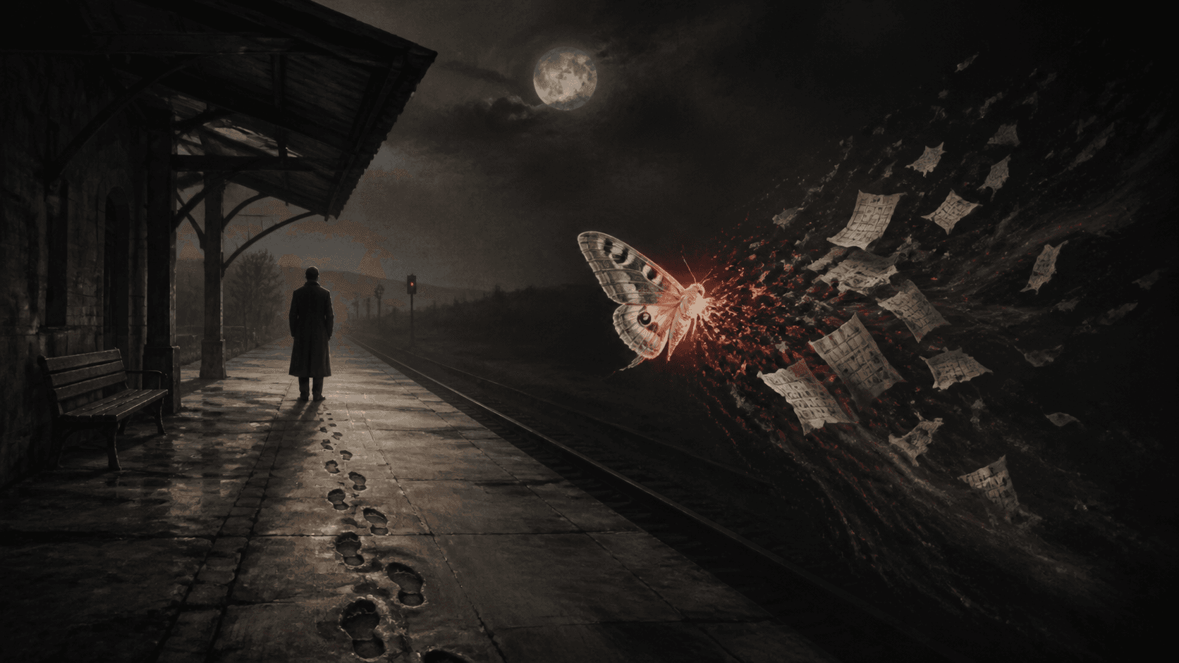 Original Haemlet illustration for the butterfly effect: A time traveller tries to erase the distant cause of his son’s death, only to remove himself from history.