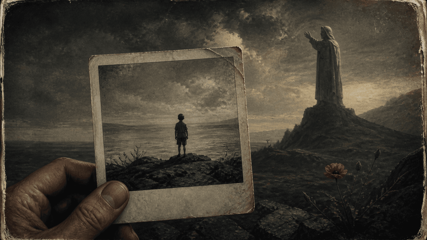 Original Haemlet illustration for the god complex: Memories are like old Polaroid photographs. No matter how old or worn they may be, snippets of what has been, what could have been and what will never be, can still be glimpsed...