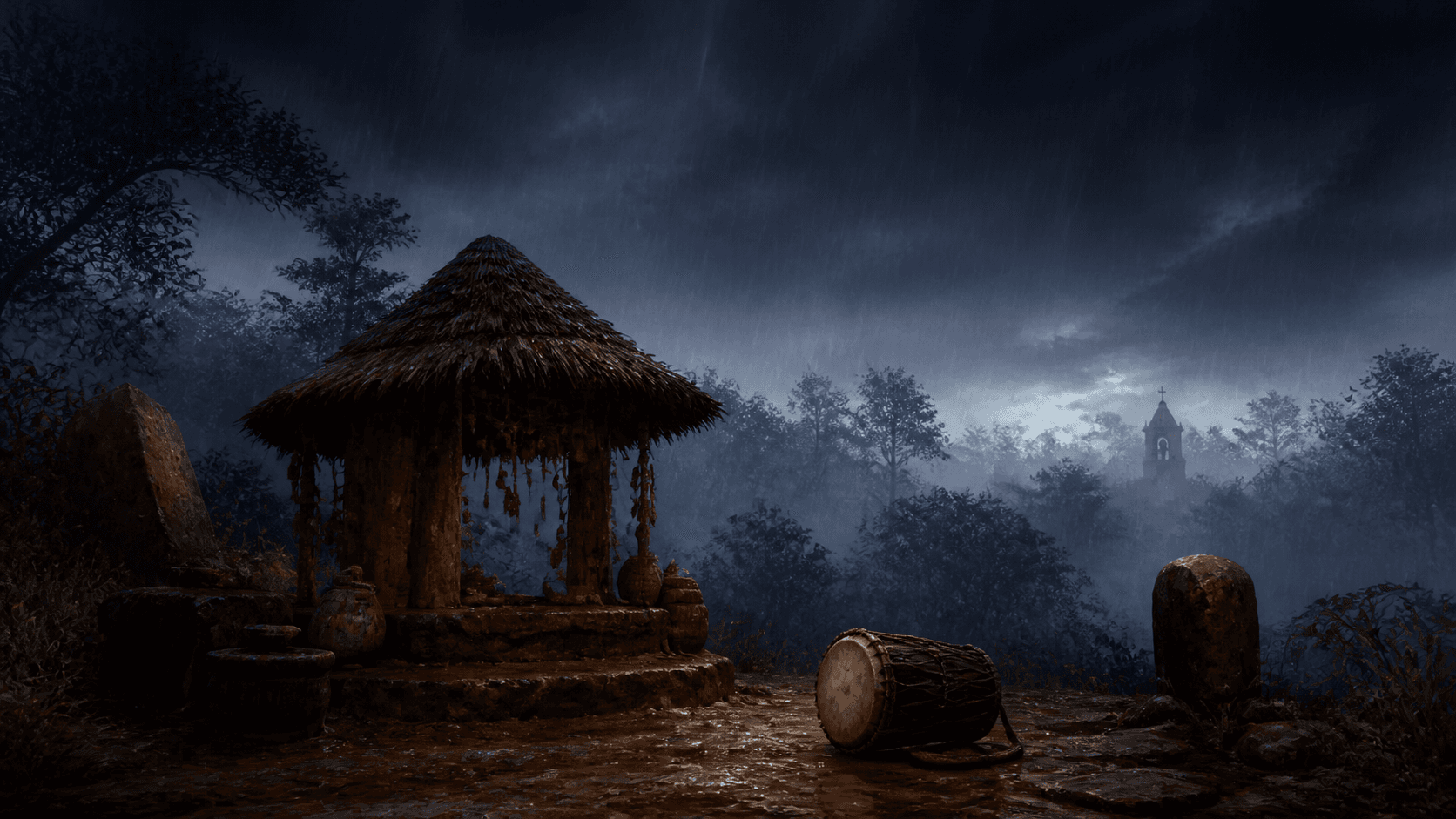 Original Haemlet illustration for the gods must be angry: After a shrine is desecrated, an isolated village must face a reckoning neither faith can explain.