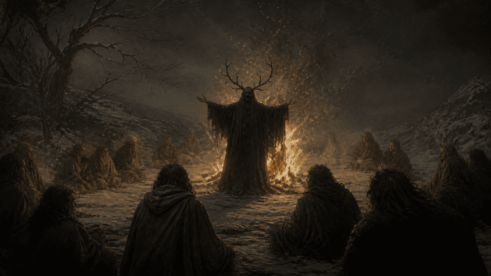 Original Haemlet illustration for the gospel: All ye lamb of darkness! Turn and gather around my flock for the night is cold and fickle. Come forth and warm your bodies by the unholy flames your shepherd has ignited...