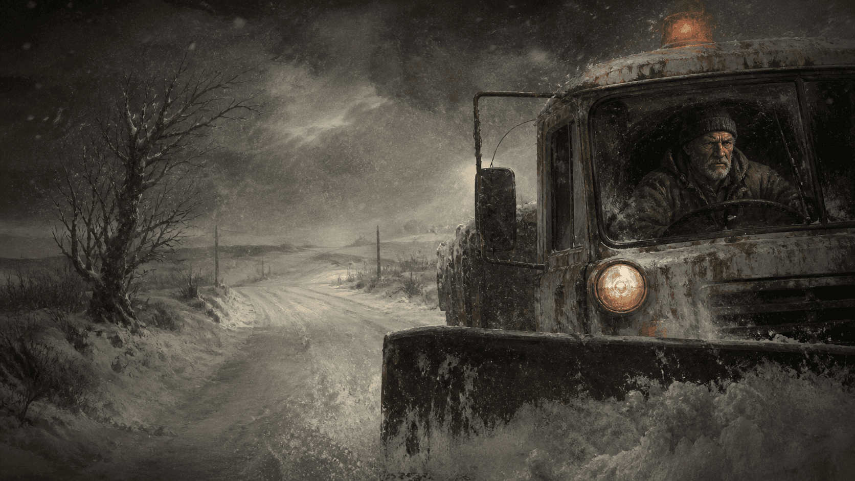 Original Haemlet illustration for the punishment cure: Old Ricky rained down a whole litany of curses on the bloody weather while he worked his snowplough on route 63 and reflected on his younger days and how life had been easier...